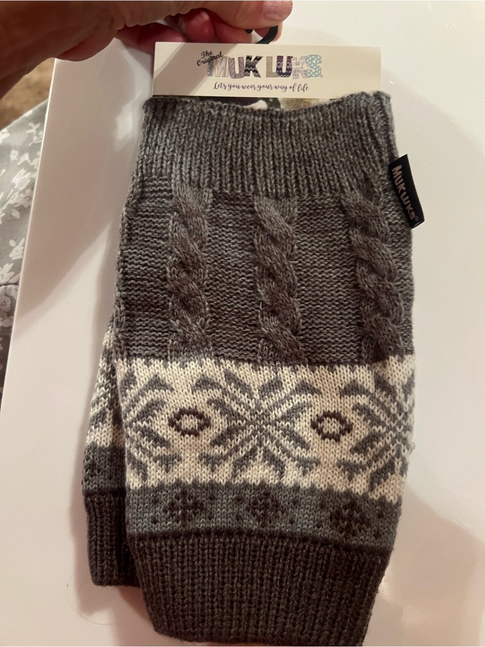 Muk Luks Knit Snowflake Stripe Gray Boot Toppers, new with tag